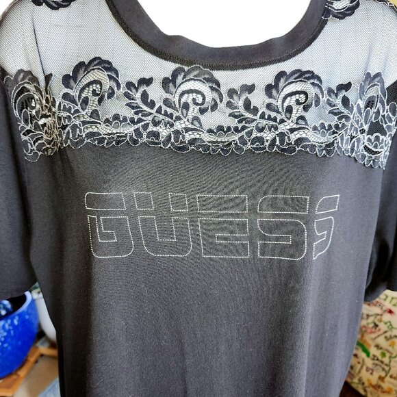 25268 GUESS LOGO T Shirt, M, Black Mesh, Illusion Neck, Short sleeves, - Picture 1 of 5